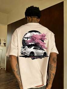 Fractyr 男士夏季时尚简约街头樱花树汽车元素印花圆领短袖T恤 | 百搭街头休闲日常穿搭，男友/老公礼物 - 杏色 - 查看 2