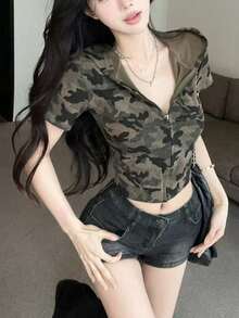 Áo cardigan/áo croptop phong cách đường phố Hàn Quốc mùa hè, dáng ôm, tay ngắn, họa tiết rằn ri, có mũ trùm đầu. - xanh quân đội - Xem 4