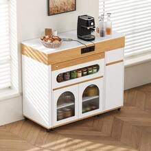 Kitchen Island With Wheels, Extendable Dining Table With Power Strips And Ribbed Glass, Sideboard With One Drawer, Serves As A Kitchen Island, Sideboard For Kitchen And Dining Room (White+Natural) - Khaki - View 4