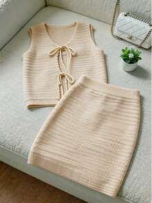 Bohemian/Vacation Style Women V-Neck Openwork Knit Tank Dress 2 Pieces Set, Summer - White Apricot - View 1