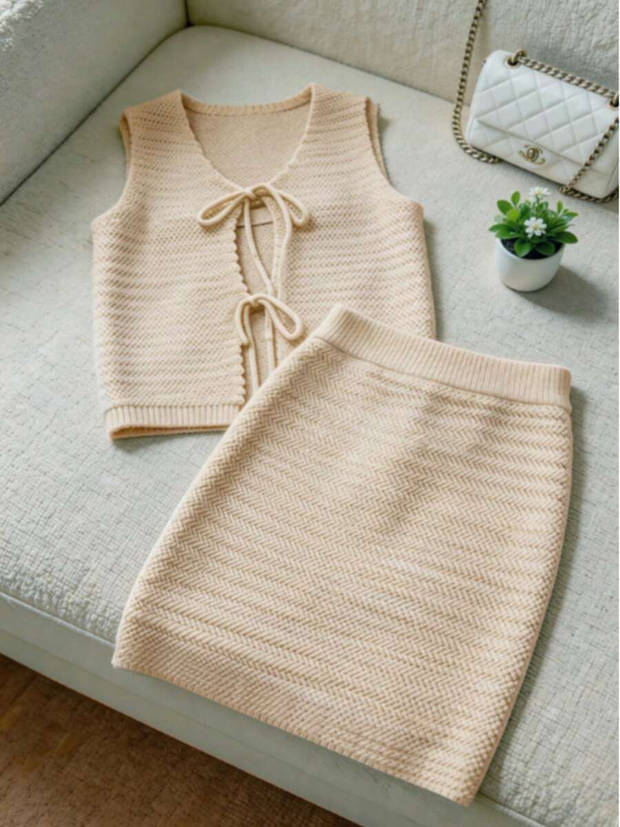 Bohemian/Vacation Style Women V-Neck Openwork Knit Tank Dress 2 Pieces Set, Summer - White Apricot - View 1