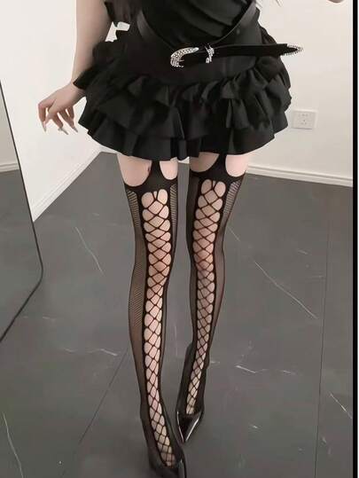 1件性感过膝长筒袜，女士褶皱蕾丝渔网袜，适合音乐节内衣、母亲节服装