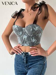 Áo hai dây ren rỗng thắt dây gợi cảm Vexica dành cho nữ, kiểu áo corset có gọng, thích hợp cho những buổi đi chơi mùa hè và mặc hàng ngày. - màu đen - Xem 6