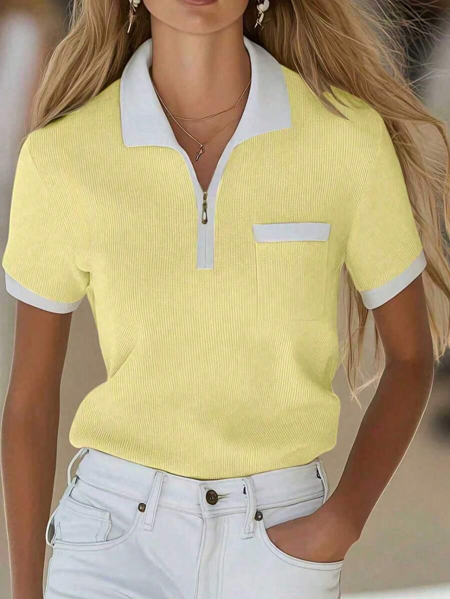 Women's Elegant Commuter Outfit, Minimalist High-End Knit Pullover Top, Half-Zip Contrast Color Pocket Zipper Design, Ladies' Streetwear, Versatile Simple Knit Short Sleeve Blouse, Outdoor Casual Wear