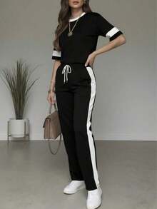 2pcs/Set Women's Casual Matching Contrast Color Round Neck Short Sleeve Top And High Waist Drawstring Straight Leg Pants, Spring/Summer - Black - View 2
