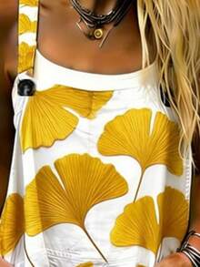 Ginkgo Leaf All-Over Print Women's Adjustable Strap Jumpsuit, Polyester Fiber Fabric, Lightweight And Breathable, Women's Clothing, Standard Size Jumpsuit, Plus Size Women's Clothing, Plus Size Jumpsuit And Romper, Plus Size Jumpsuit - 彩色 - 查看 3