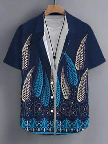 Elegant Feather Pattern Symbolizes Freedom And Vitality With Abstract Blue Golden Leaves Rising Harmoniously 3D Print Casual Button Down Short Sleeve Shirt For Men Summer Beach Top - 白色 - 查看 4