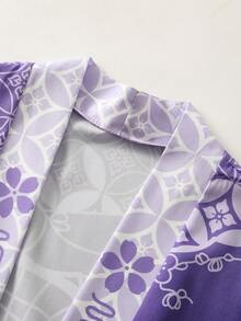 Elegant Purple Geometric Pattern 7/8 Sleeve Robe, Traditional Design Loose Fit Sunscreen Jacket, Unisex Casual Kimono Cardigan - Purple - View 5