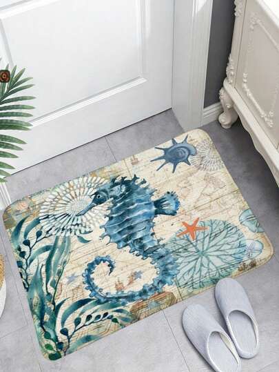 1pc Vintage Ocean Style Seahorse Theme Doormat, Distressed Nautical Map Pattern, Suitable For Bathroom, Kitchen, Entryway, Living Room, Bedroom, Foyer, Small Carpet, Home Decor, Washable