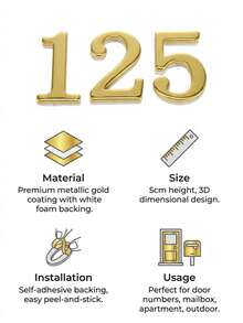 1pc/5cm Double-Layer 3D Golden Acrylic House Number Plate, Self-Adhesive Golden Address Plaque, Easy Installation For Door, Mailbox, Entrance, Outdoor Apartment Mailbox Post, Modern Home Address Sign, Spring Home Renovation, Housewarming Gift For Easter, Mother's Day, Memorial Day Outdoor Decor, Enhance Curb Appeal - Multicolor - View 7