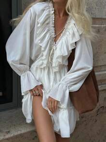 Đầm dự tiệc sinh nhật mùa hè, kiểu dáng bohemian, chất liệu chiffon, có bèo nhún, thích hợp cho kỳ nghỉ hoặc đám cưới, màu trắng. - trắng - Xem 2