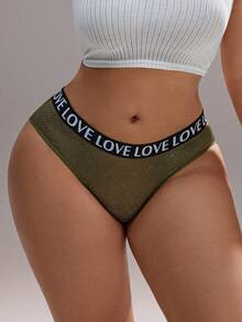 Plus Size Women's Sexy Lace Patchwork Seamless Panties, Comfortable Letter Waistband Sports Bra, Tummy Control Shapewear - Olive Green - View 4