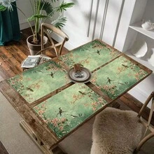 Bộ 4/6/8 tấm lót bàn ăn họa tiết chim và hoa cổ điển, trang trí tiệc, thảm trải bàn bằng vải lanh (khăn trải bàn in có thể giặt), tấm bảo vệ bề mặt, vật trang trí lý tưởng cho nhà bếp trong dịp lễ và các buổi họp mặt gia đình. - Nhiều màu - Xem 4