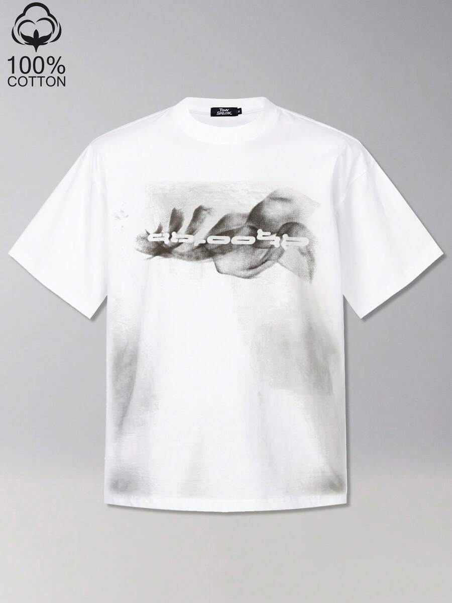 Tiny Spark 男士街头时尚白色T恤，背面饰有复古抽象泼墨印花 - 白色 - 查看 1