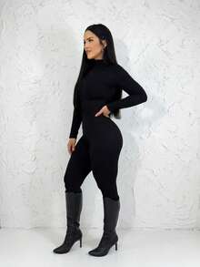 Elegant Women's Virginia Jumpsuit, Seersucker Fabric, With Zipper, Long Sleeves, Suitable For Winter And All Seasons. - 黑色 - 查看 4