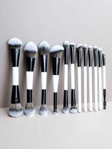 8/12支双头化妆刷套装，包含散粉刷、粉底刷、腮红刷、遮瑕刷、眼影刷、眼线刷、唇刷等，女士及女孩适用化妆工具 - 黑與白 - 查看 2