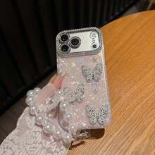 Premium Rhinestone, Pink Pearl, Heart & Butterfly Design Acrylic Hard Phone Case Compatible With Iphone 17 Pro Max/17 Pro/17 Air/17/16 Pro Max/16/16 Pro/16 Plus/15/15 Pro Max/15 Pro/15 Plus/11/12/13/14 Pro Max/11 Pro/11 Pro Max/12 Pro/12 Pro Max/13 Pro/13 Pro Max/7 Plus/14 Pro/14 Pro Max/14 Plus, Creative - 粉紅色珍珠手鍊 - 查看 4