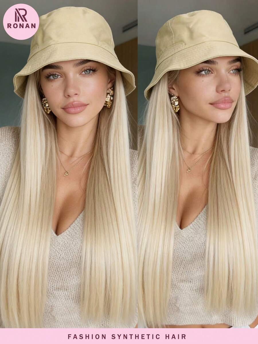 24 Inch Golden Long Straight Wig With Integrated Bucket Hat, Heat Resistant Wig, Suitable For Daily Wear