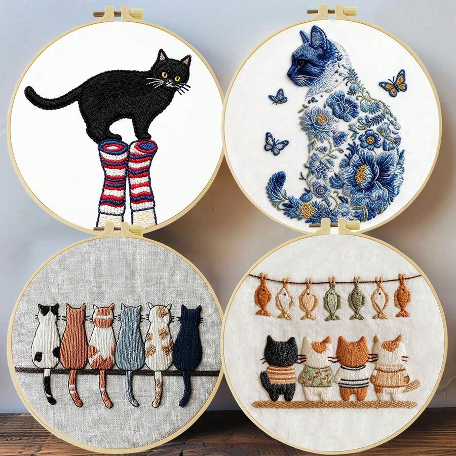20x20厘米/7.9x7.9英寸刺绣套装，手工DIY刺绣套装，可爱猫咪图案，适合成人初学者，包含绣布、说明书、绣框和绣针，可作为礼物送给亲朋好友，也可用于家居装饰和办公手工。