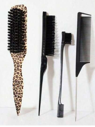 Set de 4 piezas de cepillos para cabello y barba grasosa para hombres, que incluye cepillo para barba de mango largo, cepillo de limpieza, peine para cabello graso, cepillo para cabello liso, peine para recortar y dar forma a la barba, peine con estampado de leopardo, cepillo para el cabello con estampado de leopardo y herramienta para la cola del cabello