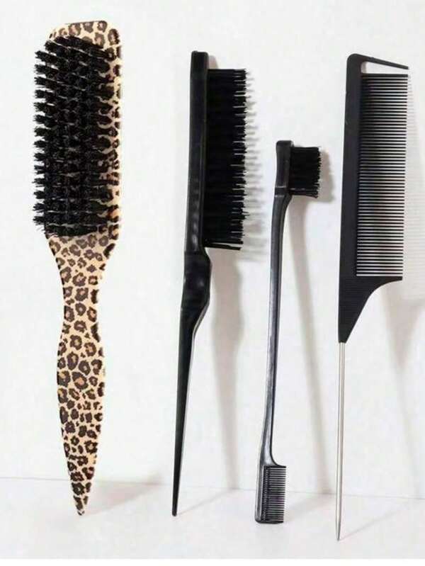 Set de 4 piezas de cepillos para cabello y barba grasosa para hombres, que incluye cepillo para barba de mango largo, cepillo de limpieza, peine para cabello graso, cepillo para cabello liso, peine para recortar y dar forma a la barba, peine con estampado de leopardo, cepillo para el cabello con estampado de leopardo y herramienta para la cola del cabello
