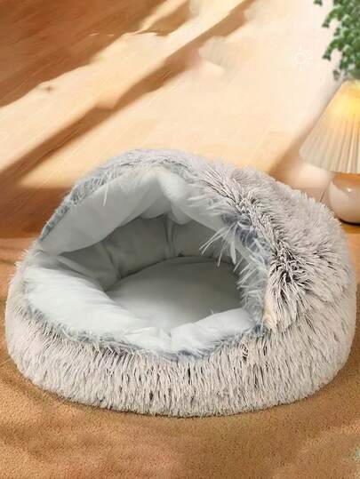 Winter Warm Seashell Semi-Enclosed Cat Bed, Pet Dog Bed, Enclosed Cat House, 4-Season Thick Round Pet Bed With Soft Plush Cushion, Suitable For Small Pets Indoor Use And Outdoor Carrying