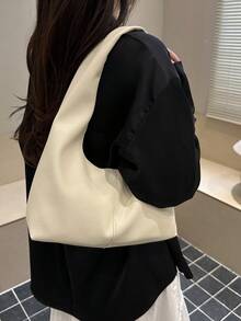 1 pieza Bolso de mano de unicolor de PU personalizado para uso diario, bolso de tela minimalista, bolso de hombro, bolso de axila - Beis - Ver 7