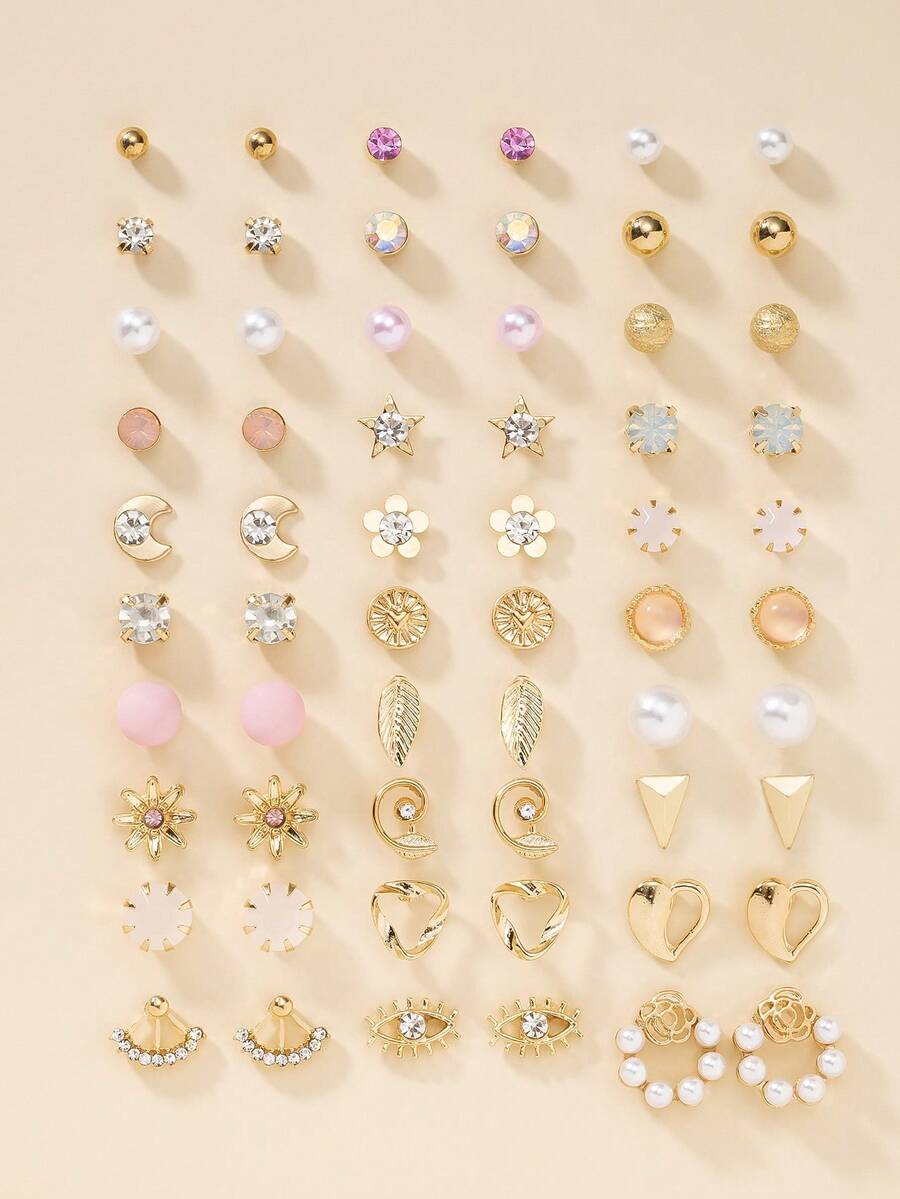 30件/套 时尚简约可爱花朵、星星、月亮耳环组合，适合日常休闲、约会、拍照等场合，女士耳环首饰礼盒套装 - 彩色 - 查看 1