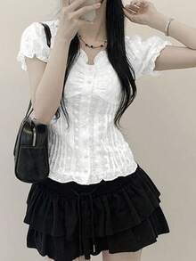 YCYC 韓式花卉紋理女款鈕扣短袖休閒襯衫 白色 夏季 - 白色 - 查看 4