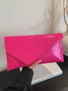 Fashionable Solid Color Elegant Crocodile Embossed Envelope Clutch Bag, Casual Versatile Handbag - Hot Pink - View 7