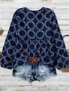 Áo kiểu nữ phong cách Bohemian, họa tiết phối màu, cổ chữ V, tay dài, bo chun, thích hợp cho kỳ nghỉ hè. - Màu xanh hải quân - Xem 2