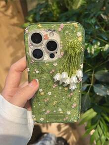 流苏绿色花卉图案苹果16手机壳，简约优雅创意防震全包保护壳，兼容 14和15 Pro - 綠色 - 查看 2
