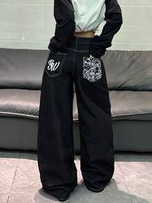 1件韩版街头风印花撞色拼接宽松阔腿牛仔裤，舒适休闲百搭，四季皆宜（不含腰带/配饰）黑色春季款 - 黑色 - 查看 1