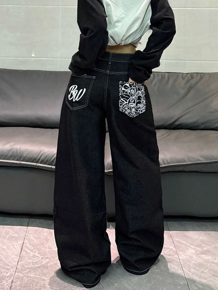 1件韩版街头风印花撞色拼接宽松阔腿牛仔裤，舒适休闲百搭，四季皆宜（不含腰带/配饰）黑色春季款 - 黑色 - 查看 1