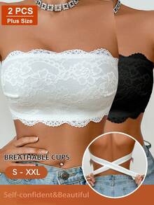 2pcs Strapless Invisible Design Women Lace Patchwork Bras, Floral Jacquard Pattern, Suitable For Wedding, Beach, Casual, Comfortable, Thin Wireless Sports Bra With Backless Design - Multicolor - View 2