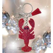 Lobster Keychain - Red Sparkling Rhinestones Charm With Tassel Fashionable Stylish Polyester PU Ocean Life Key Ring Bling Jewelry Accessory With Clasp For Key Chain Bag Purse Backpack - 如圖所示 - 查看 4