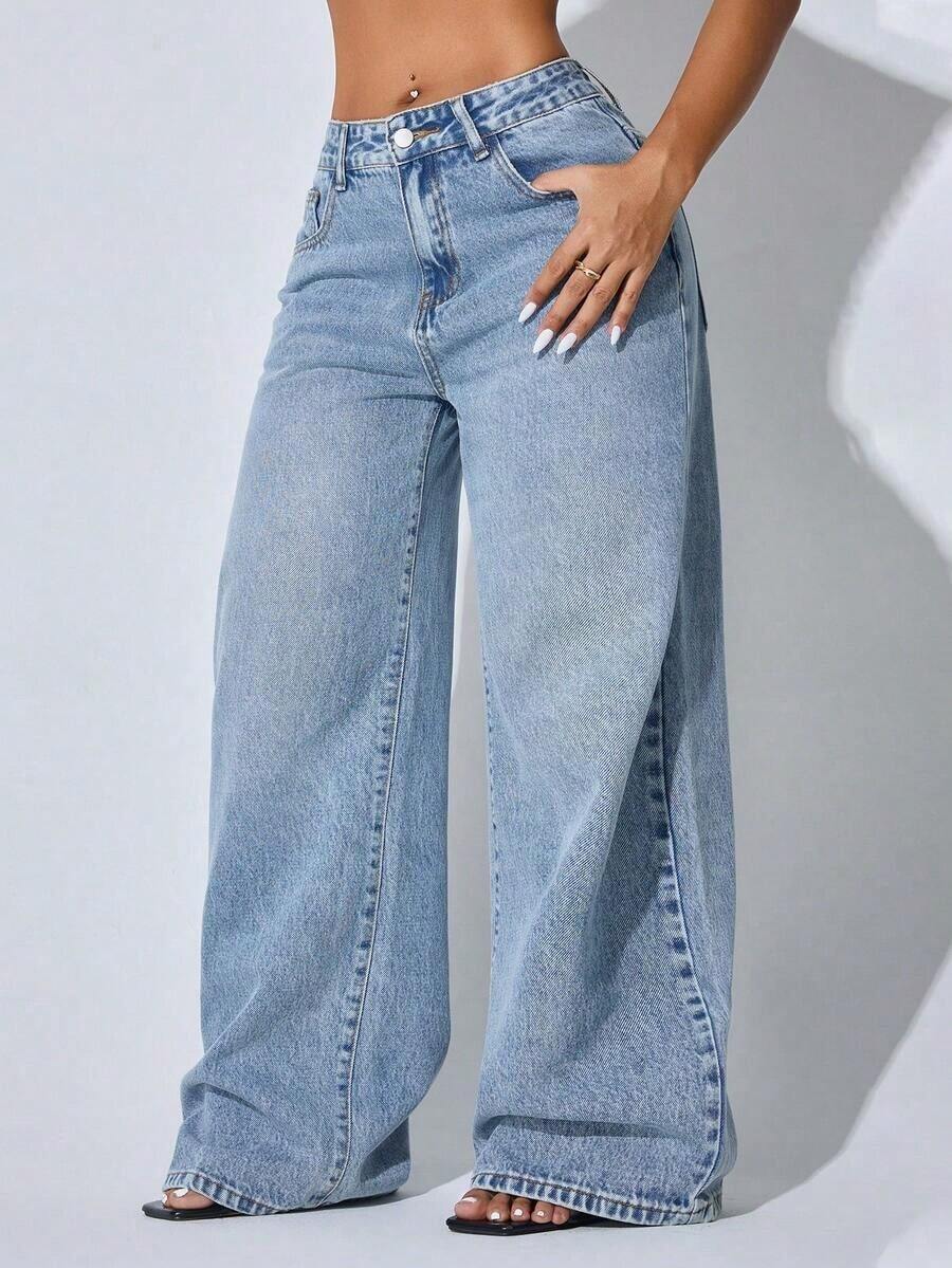 Low-Waist Wide-Leg Casual Blue Jeans With Slant Pockets, Summer Clothing Spring - 深色洗 - 查看 1