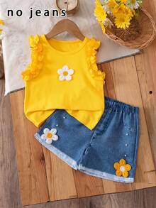 【印花效果，非牛仔面料】女童短袖圆领上衣，亮黄色，充满活力，搭配牛仔短裤，3D立体花朵装饰，更添甜美气息。这套服装融合了甜美与休闲元素，黄色上衣与蓝色牛仔短裤形成鲜明对比，花朵装饰更添童趣。适合日常穿着、玩耍或儿童派对等场合。 - 彩色 - 查看 5