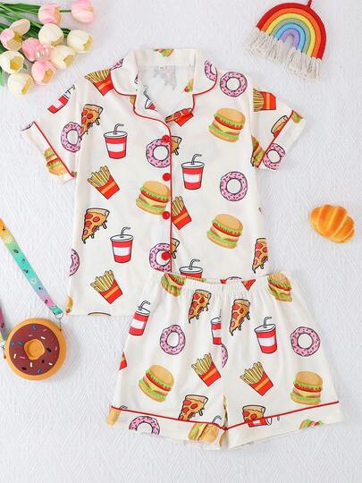 Bộ đồ ngủ 2 món cho bé gái, in hình hoạt hình thức ăn, áo cardigan cổ polo tay ngắn và quần short, chống cháy, phù hợp mọi mùa.