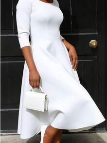 Women's Mid-Length Solid Color Three-Quarter Sleeve Dress, Flattering U-Neck With Pockets And Full Skirt. - White - View 3