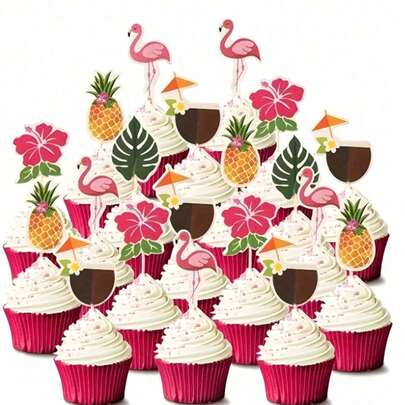 24/12件装热带夏威夷蛋糕装饰插牌，火烈鸟菠萝棕榈叶纸杯蛋糕插签，纸质牙签装饰，适合海滩生日派对和夏季户外派对蛋糕及甜点装饰