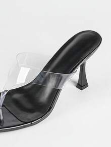 女士黑色休闲个性时尚方头露趾透明绑带平底凉鞋，日常简约舒适百搭细高跟凉鞋 - 黑色 - 查看 3