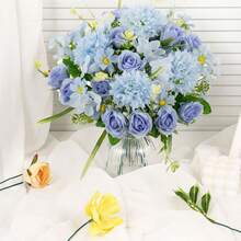 Buquê de hortênsias artificiais bordadas em seda, 1 peça, 29 cm (11,41 polegadas), rosas artificiais de chá para vaso de casamento na primavera, decoração de casa, sala de jantar, quarto, feriados, festa de aniversário, jardim externo, presente de Dia dos Namorados, decoração de baile de formatura. - Azul - Ver 1
