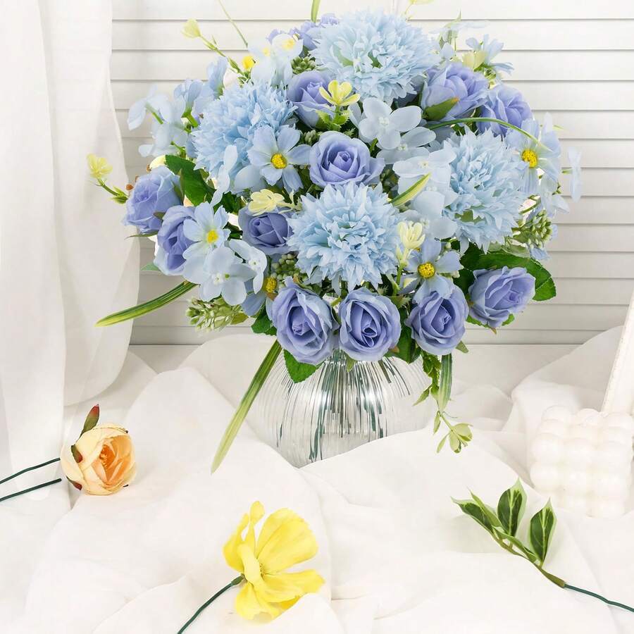 Buquê de hortênsias artificiais bordadas em seda, 1 peça, 29 cm (11,41 polegadas), rosas artificiais de chá para vaso de casamento na primavera, decoração de casa, sala de jantar, quarto, feriados, festa de aniversário, jardim externo, presente de Dia dos Namorados, decoração de baile de formatura. - Azul - Ver 1