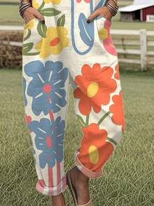 Vintage Large Flower All-Over Print Women's Adjustable Strap Jumpsuit, Polyester Fiber Fabric, Lightweight And Breathable, Women's Clothing, Standard Size Jumpsuit, Plus Size Women's Clothing, Plus Size Jumpsuit And Romper, Plus Size Jumpsuit - 彩色 - 查看 2
