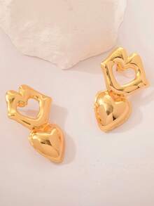 1 Pair Of Hollow Heart-Shaped Earrings Made Of 18K Gold-Plated Stainless Steel, A Fashionable And Personalized Jewelry Gift For Women - Multicolor - View 5