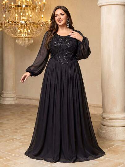  SUPGIR Plus Size Women V-Neck Asymmetric Flowy Sequin Splice Chiffon Elegant Fitted Evening Dress Wedding