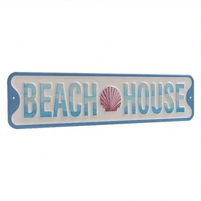 Metal Beach House Sign, 16*4 Inch Coastal Themed Wall Decor, Beachy Wall Art Room Bedroom Bathroom Decorations For Home
