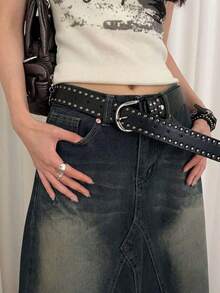 Women's Black Faux Leather Punk Style Belt With Double Rivet Decoration, Multi-Functional Belt - Black - View 3