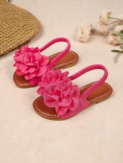 1 Pair Fuchsia Infant/Toddler Girls' Flat Sandals, Solid Soft Fabric With 2 Peony Flower Decor, Round Toe Open Toe Soft Non-Slip Elastic Back Design, Fashionable Bohemian Casual Holiday Style, Cute Princess Beach Sandals, Suitable For Daily, Festival, Dance, School, Spring/Summer New Arrival